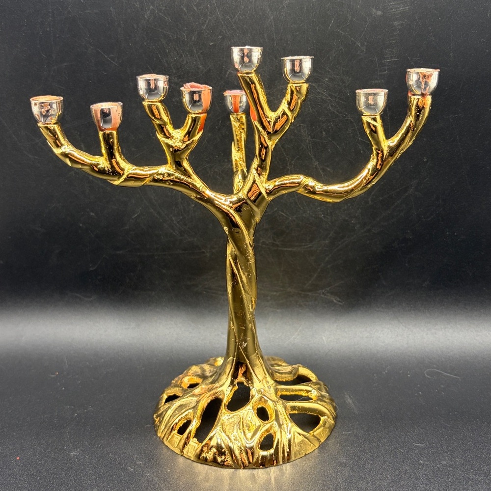 Tree of Life Jerusalem Gold & Silver Tn Metal Candelabra Menorah Candle Holder - Picture 6 of 14